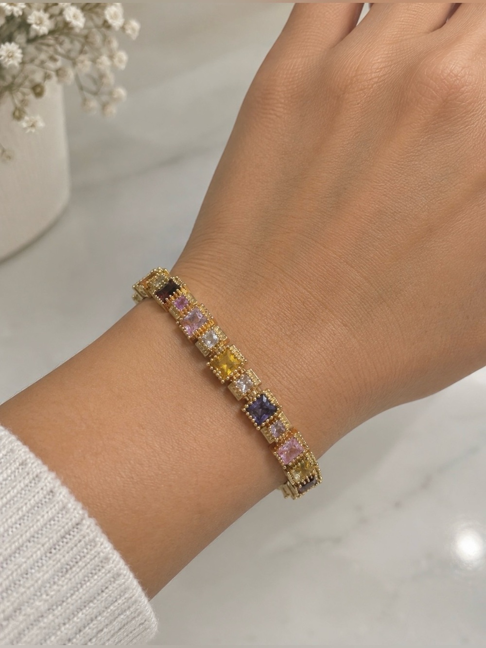 Gold plated AAA cubic zirconia multi colored women’s statement bracelet